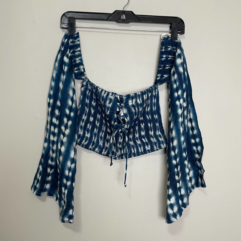 Tori Praver Off Shoulder Tie Dye Lace Up Long Sleeve Crop Top Tube Top Blue S - Picture 1 of 6